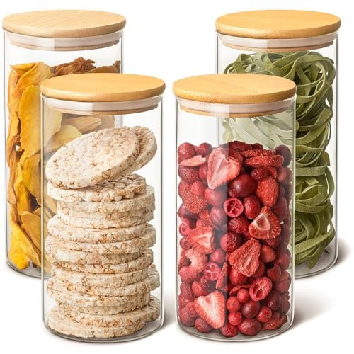 Praknu 4 barattoli di cucina in vetro con coperchio in bambù