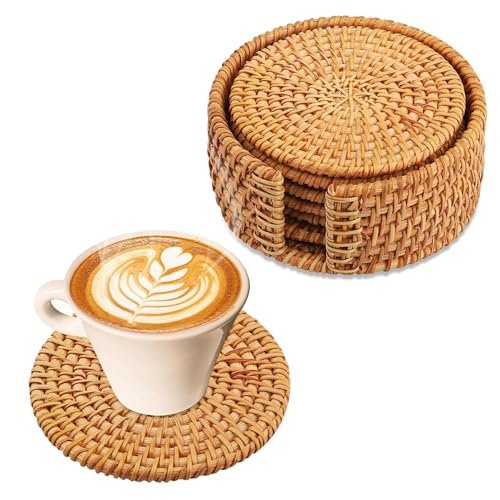 Hisdricus set di sottobicchieri in rattan con supporto set da 6