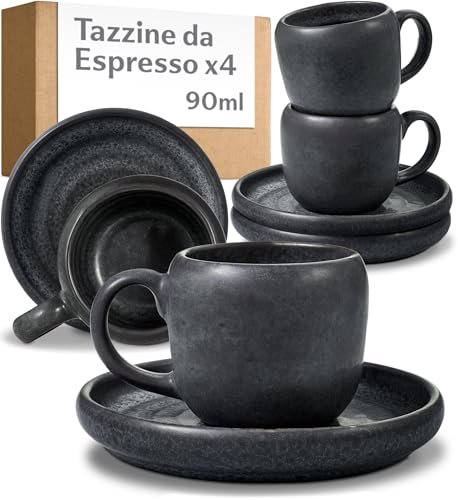 Cosumy set di 4 tazzine da caffè espresso con piattini nere