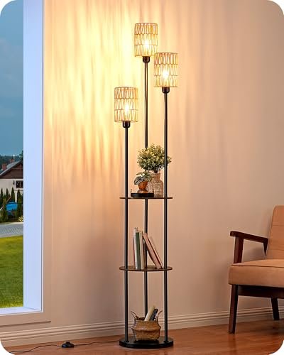 EDISHINE lampada da terra soggiorno 3 luci LED ripiani boho vintage