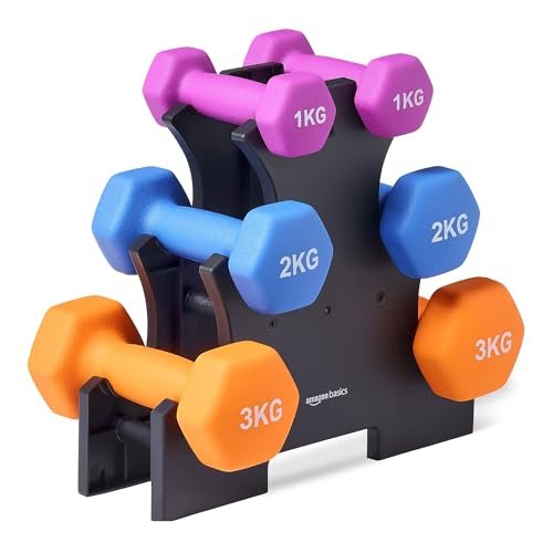 Amazon Basics neoprene dumbbell weights set con stand