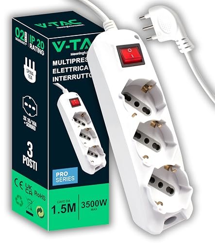 V-TAC ciabatta multipresa elettrica con interruttore e cavo