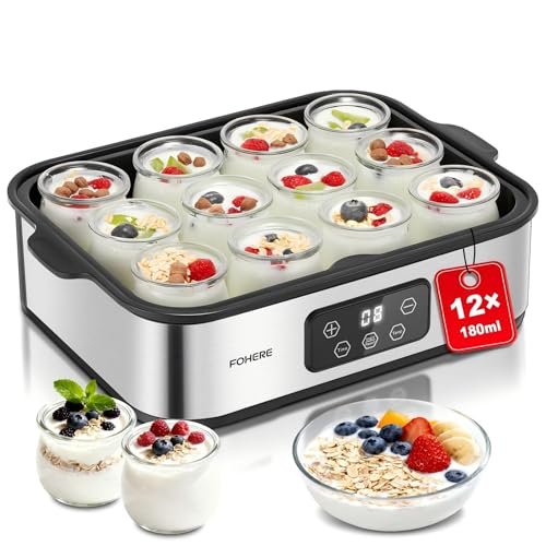 FOHERE yogurtiera elettrica con LCD display 12 vasetti in vetro timer 48 ore