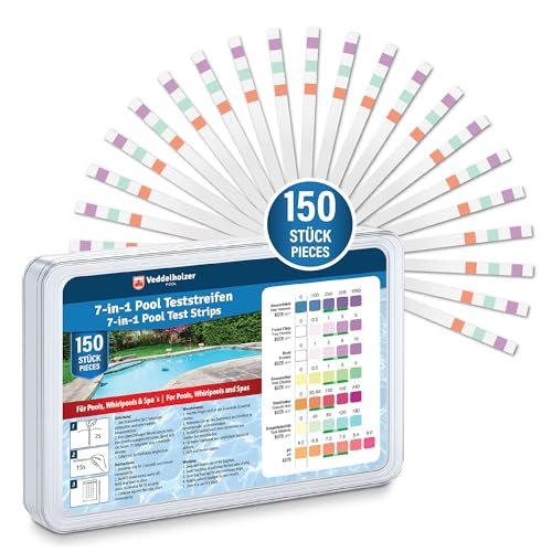 Strisce test piscina Veddelholzer 7 in 1 (150 pezzi) – misurano valore pH, cloro libero, bromo, durezza totale