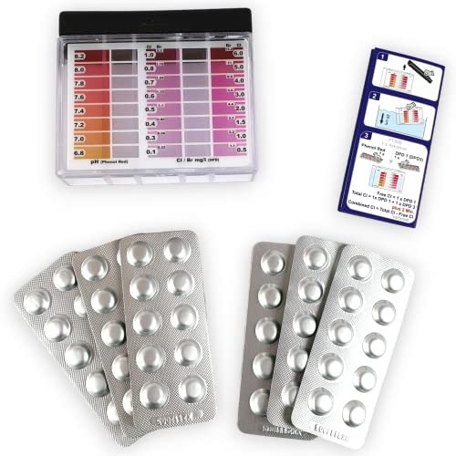 Kit test piscina premium per cloro, bromo e pH | Tester acqua con 60 pastiglie Rapid (30x DPD1 cloro libero + 