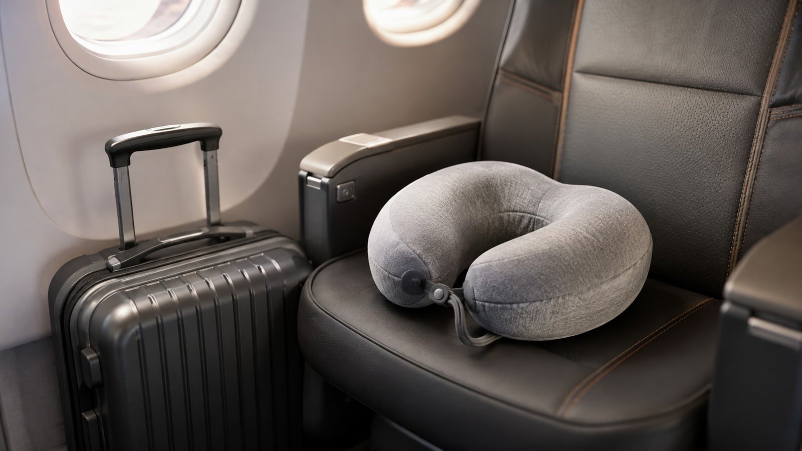 cuscino cervicale da viaggio accanto a una valigia