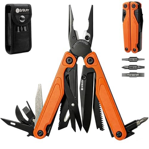 Pinza multiuso BIBURY leggera con manico in G10 e inserti per taglio fili e forbici, colore arancione
