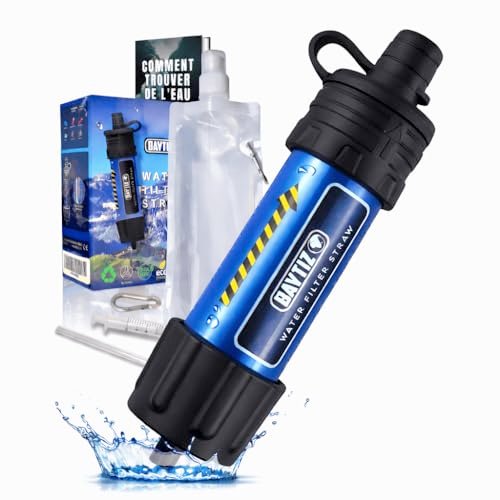 BAYTIZ ® Filtro Acqua di Sopravvivenza con Borraccia Flessibile - Cannuccia Filtrante da Trekking, Kit Depuratore Potabi