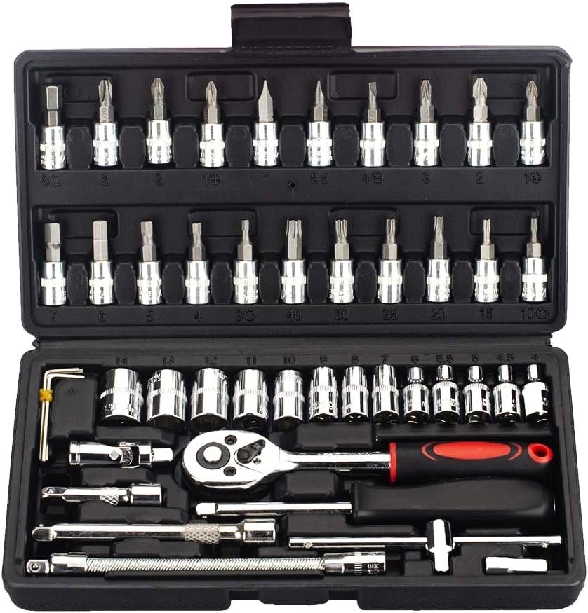 LATERN LATERN 46 Pezzi Chiave a Tubo Kit, 34Pz Punte e Driver per Chiavi a Bussola da 1/4'' con Aste di Prolunga, Cricchetto Reversibile a Sgancio Rapido, Manico per Chiave Inglese -per Riparazione Dell'Auto: set di chiavi a bussola