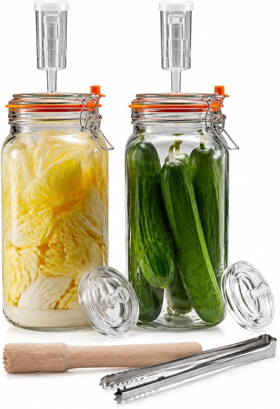 Zegupal Set 2 Barattoli in Vetro da 2 L per Fermentazione con Valvola | Kit Completo per Kimchi, Kombucha e Cr