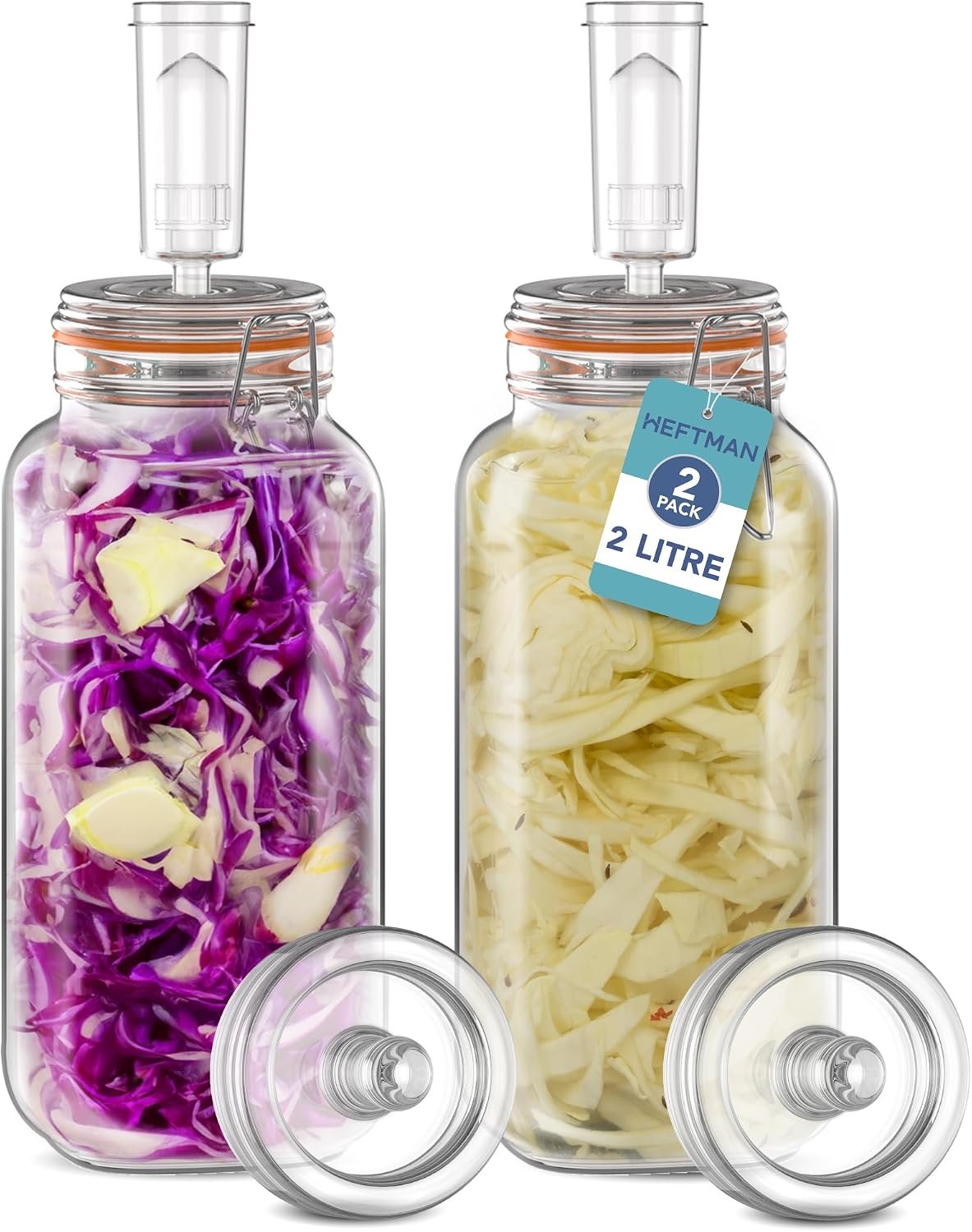 HEFTMAN Barattolo per fermentazione 2 pezzi con valvola d'aria - 2 litri per una fermentazione sicura per kefi