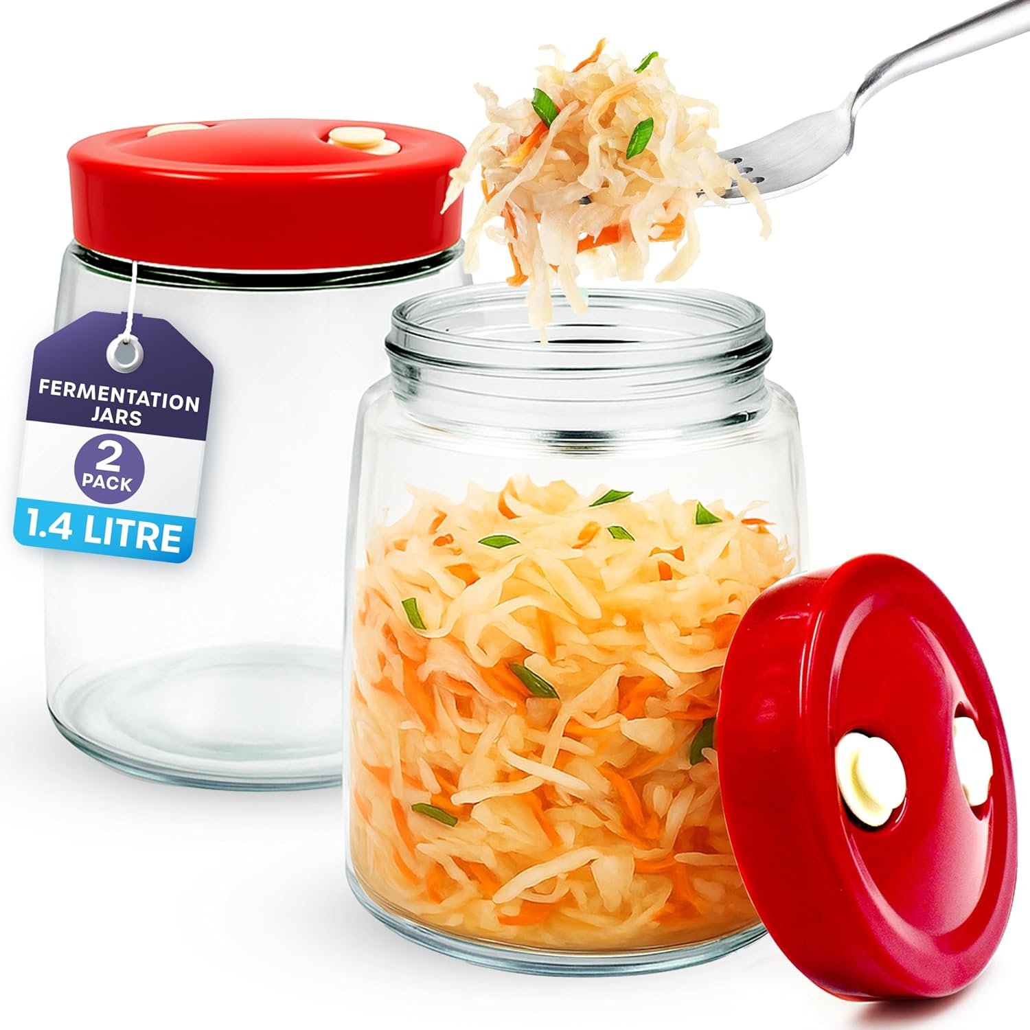 volila Kit Fermentazione Barattoli Vetro con Coperchio - Vasetti Vetro Fermentazione da 1,4 Litro con Camera d