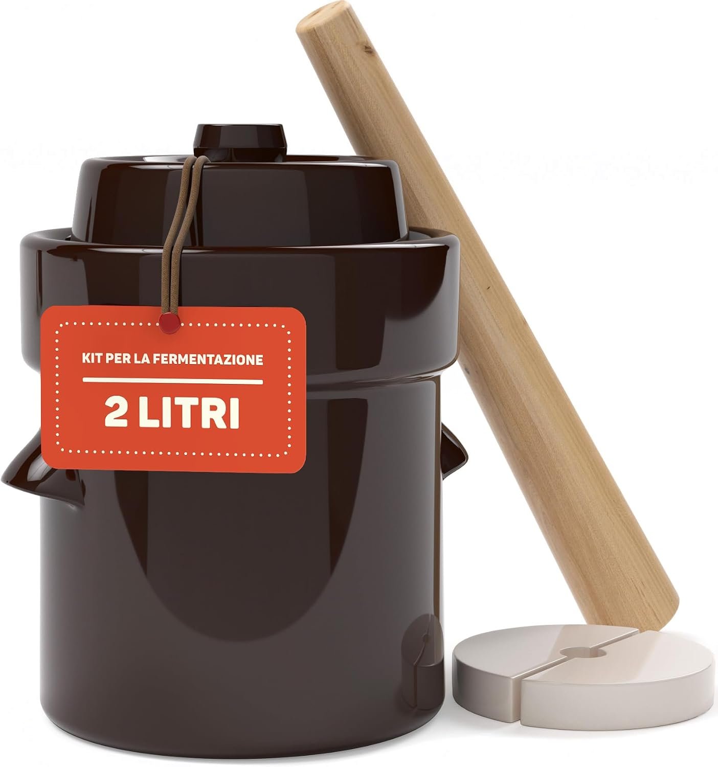Kenley Barattolo per Fermentazione con Pesi, Coperchio e Pestello - 2 Litri | Vaso in Gres per Fermentare o Me