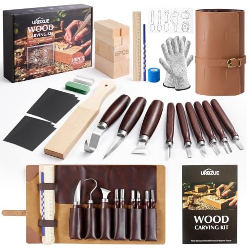 URBZUE Kit Intaglio Legno 30 Pezzi, Set Coltelli da Intaglio Cr-V per Principianti con 