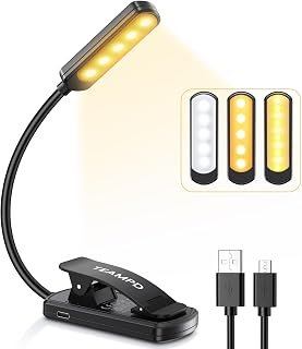 TEAMPD Luce da lettura a 10 LED, 3 colori luminosi per proteggere gli occhi, luminosità regolabile, ricaricabile tramite U...