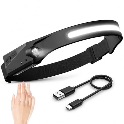 Dealeez Torcia Frontale LED Ricaricabile USB-C, Lampada Frontale con Sensore di Movimento, 230° Fascio Ampio,
