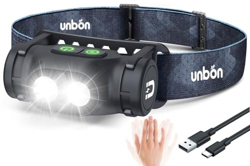 UNBON Torcia Frontale LED Ricaricabile, Lampada Frontale LED Ricaricabile USB C Potente con 3 Modalità, Sensor