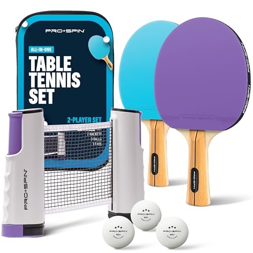 PRO-SPIN Set da Tavolo Portatile - Kit Premium con Rete Estensibile per Qualsiasi Tavolo, Racchette, Palline e Custodia per Ping Pong (Blu | Viola, Set da 2 Giocatori)