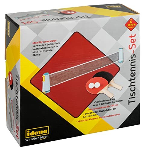 Idena 40204 - Set da ping pong con rete, due cantine e due palline, per un facile montaggio su tavoli, perfetto per viaggiare, in vacanza o in giardino