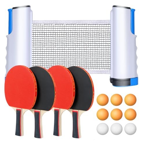flintronic Set di Racchette da Ping Pong, Ping Pong Set da Tavolo Portatile, con Rete da pingpong Retrattile, 4 Racchette da pingpong, 9 Palline, 2 Borsa in Rete, per Bambini, Famiglie (Blu)