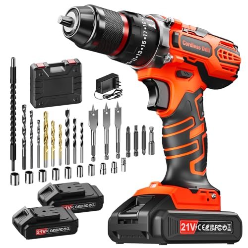 Trapano a Percussione 21V, Avvitatore a Batteria con 2 Batterie 2,0Ah, Trapano Avvitatore Batteria Coppia Massima di 45Nm, 2 Velocità, 25+3 Coppia, 10mm Morsa, Set di Accessori 29 Pezzi con Valigetta