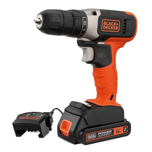 BLACK+DECKER Trapano avvitatore a batteria da 18 V, coppia massima 37 Nm, 10 posizioni di frizione, luce di lavoro a LED, batteria da 1,5 Ah e caricabatterie, BCD001C1-QW