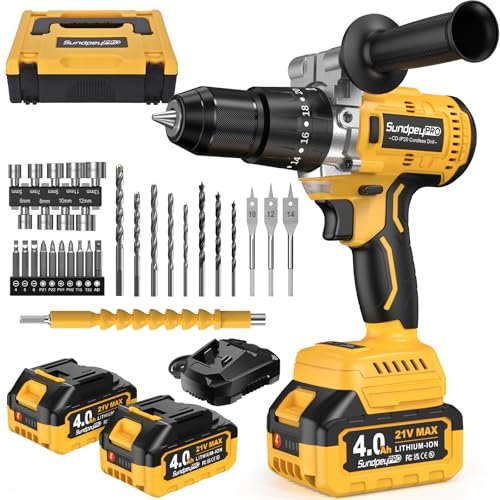Trapano Percussione Batteria Brushless 21V - SundpeyPRO 120Nm Trapano Avvitatore a Batteria con 2 Batterie 4Ah, 20+3 Coppie, 13mm Mandrino, 2 Velocità, 35 PZ Accessori, per Casa Riparazione, Fai da te