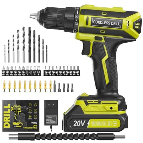 VIWKO Avvitatore a Batteria, 20V Trapano Avvitatore Batteria, Trapano Elettrico con 25+1 Coppie, 42Nm MAX, Luce LED, Set di 56 Accessori per Trapano per Manutenzione e Fai da te, Verde