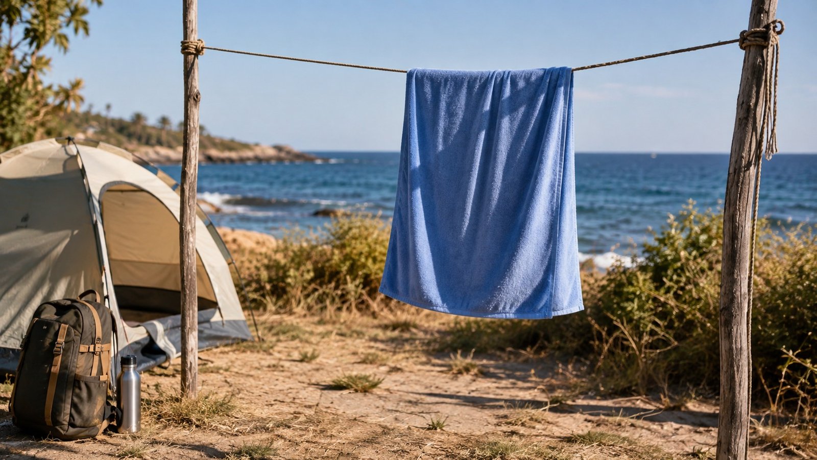telo mare compatto in microfibra appeso ad asciugare