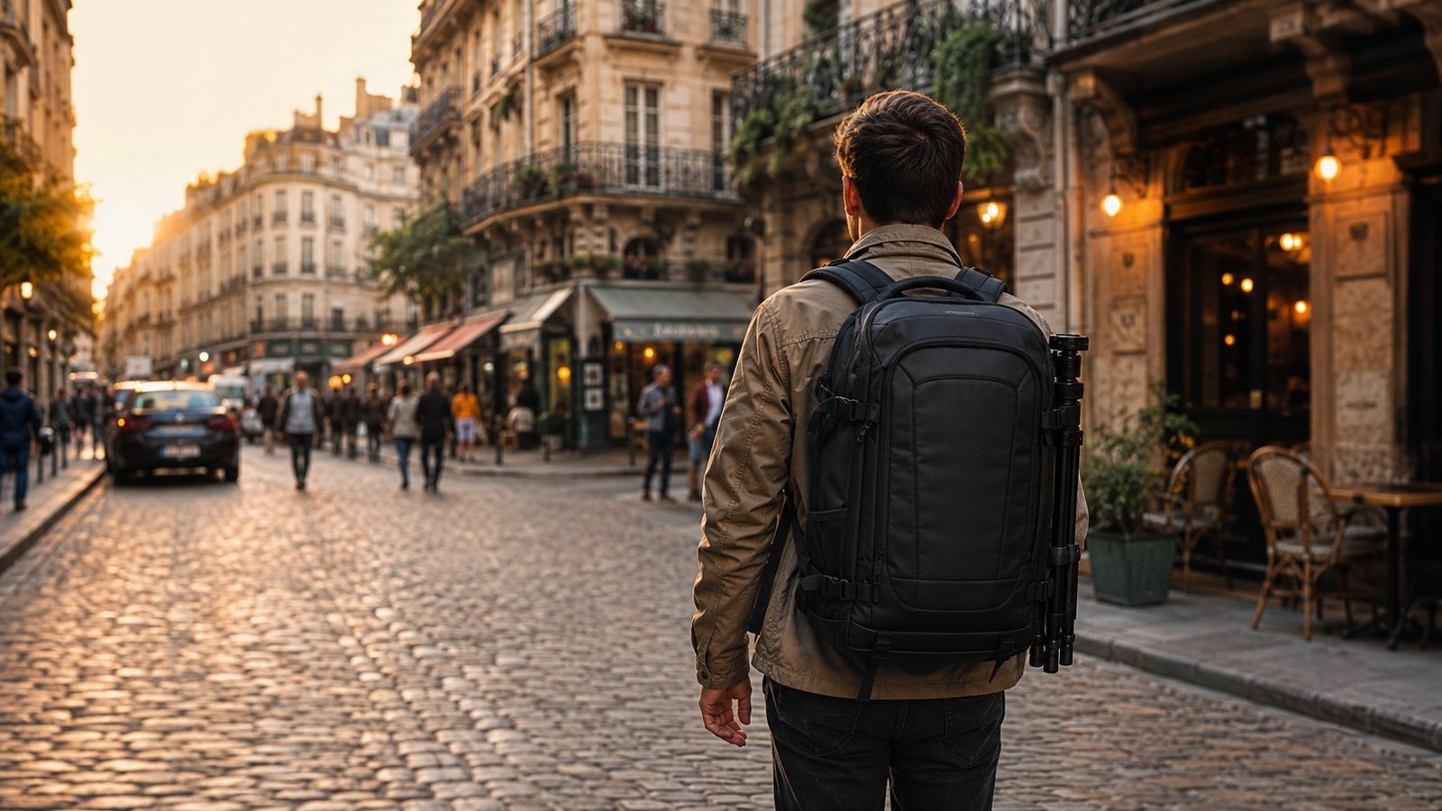 zaino fotografico da viaggio in una città europea