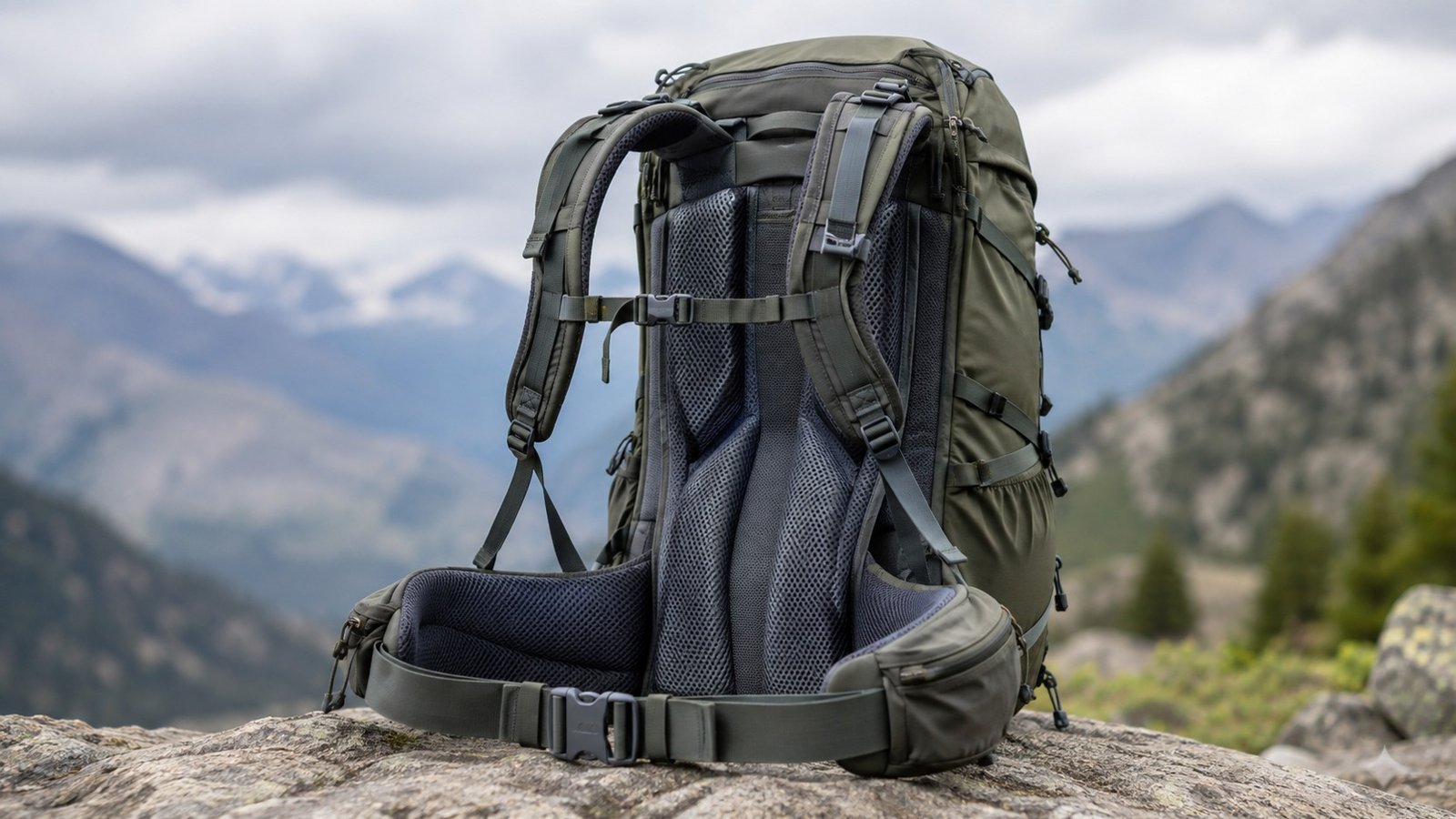 schienale ventilato e cintura imbottita di uno zaino da trekking
